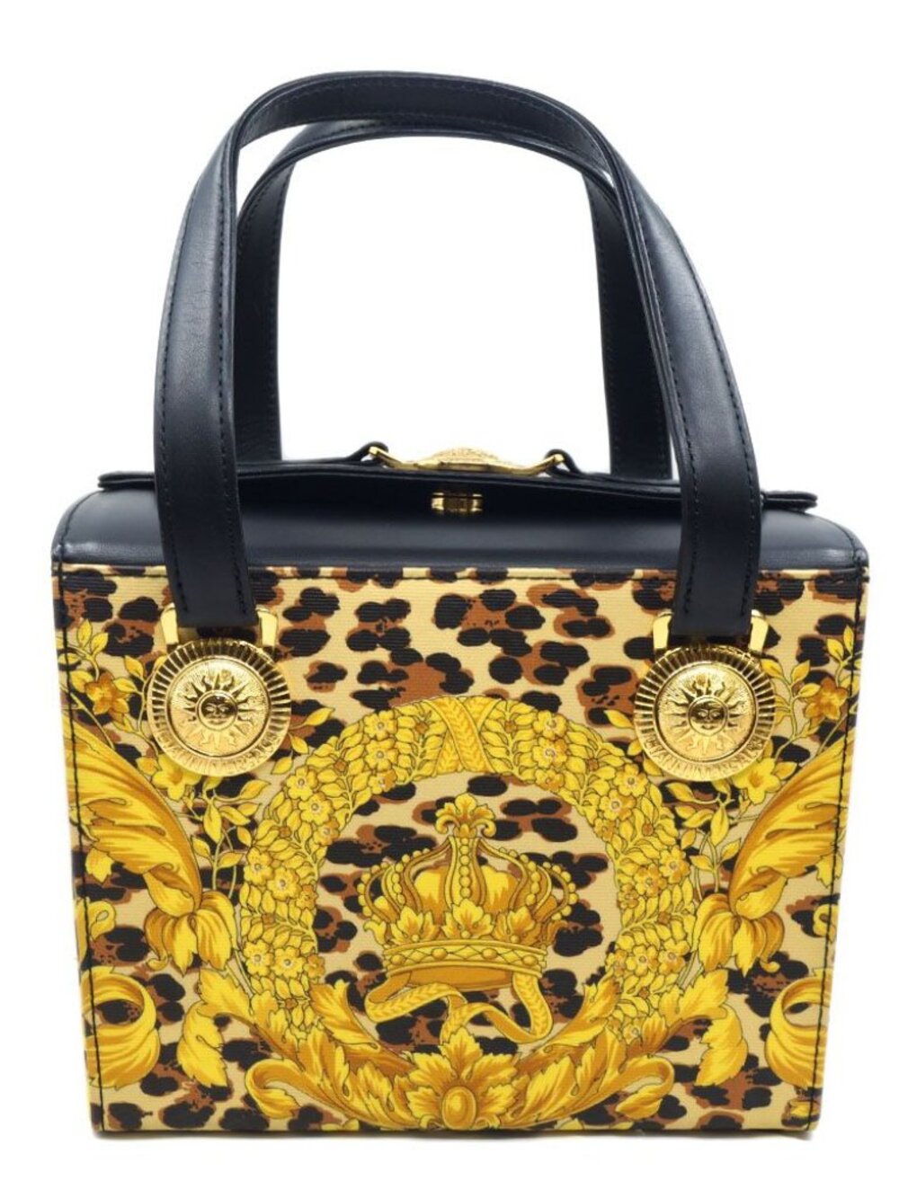 Versace Handbag Vanity Pouch Box Sun God Yellow Gold Black Leopard Print